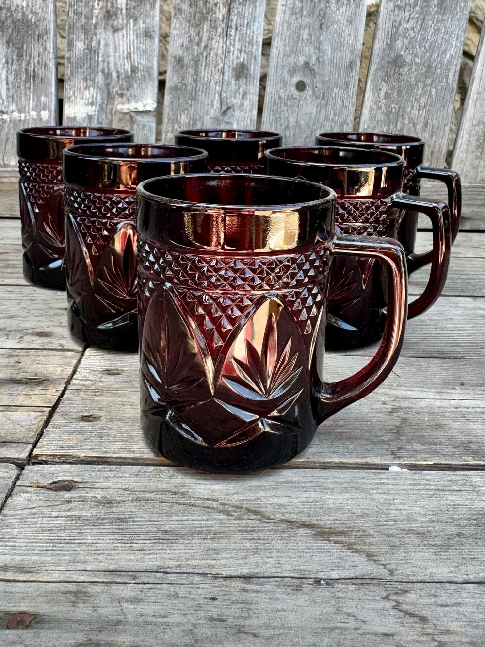 Set of 6 Vintage Ruby Red Glass Mugs - France